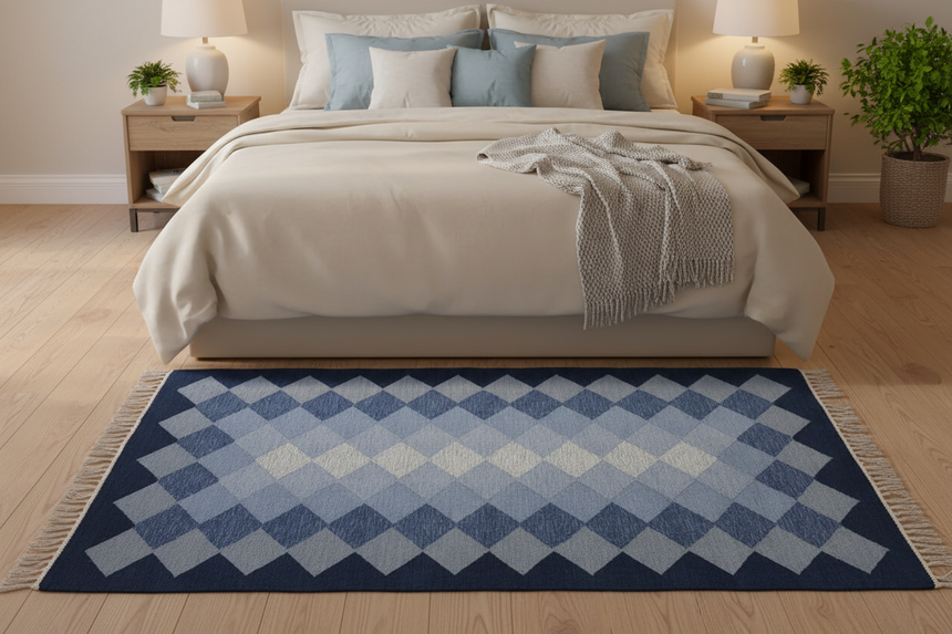 Blue diamond patterned rug on a wooden floor