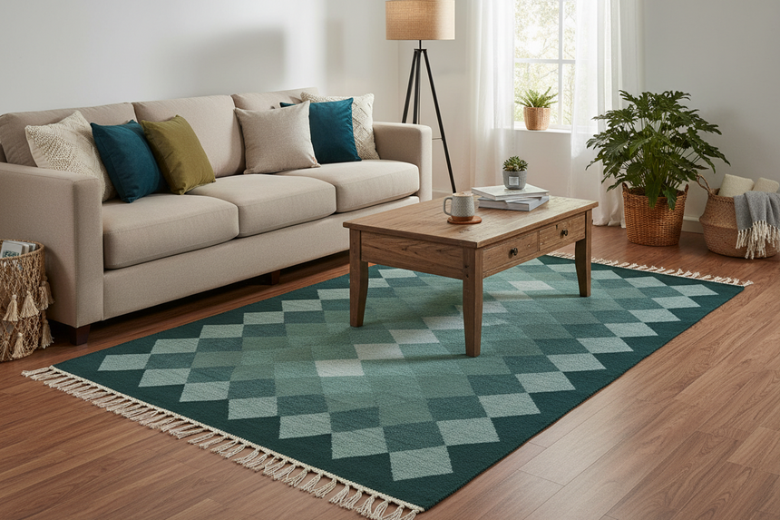 Rectangular green and gray patterned rug on a wooden floor
