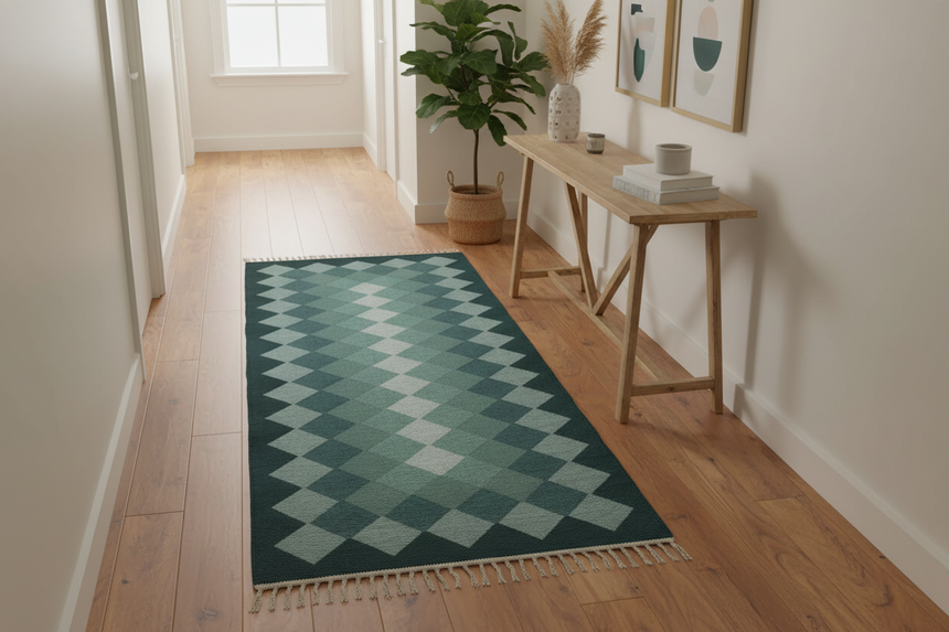 Rectangular green and gray patterned rug on a wooden floor