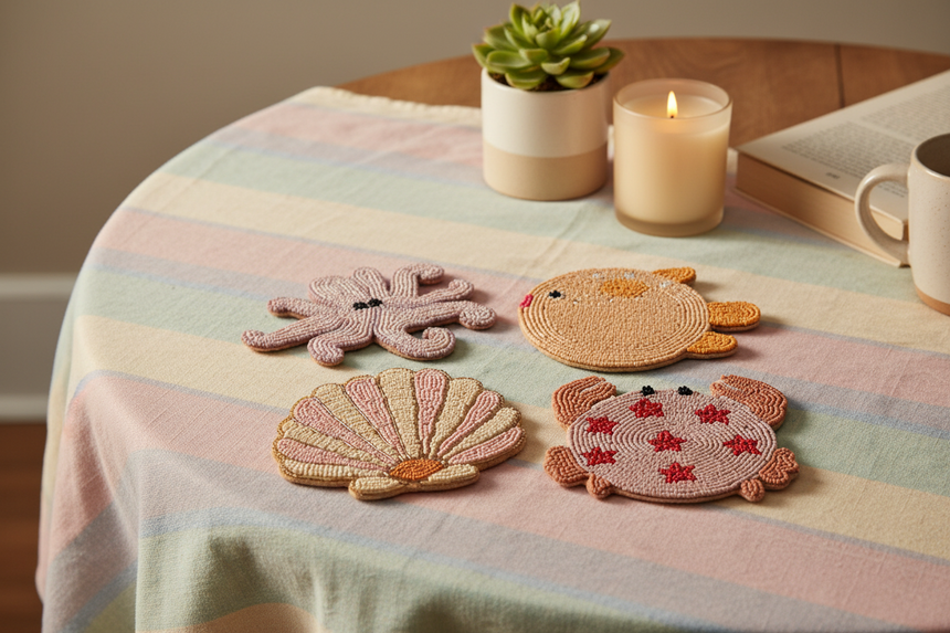 Four embroidered sea creature patches on a white background: a pink octopus, a beige fish, a pink and beige shell, and a pink crab with red star details.