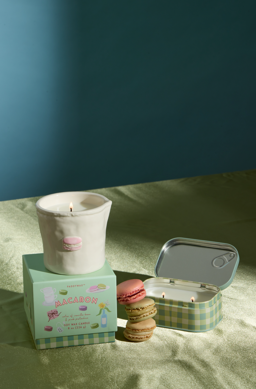Paddywax Bistro Macaron Tin Scented Candle, Amber & Pistachio