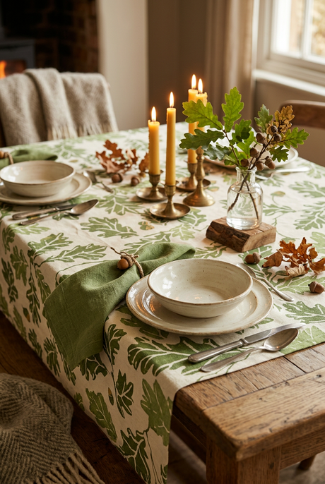 A rectangular fabric tablecloth 
, featuring a green oak leaf and acorn pattern on a warm cream background.
