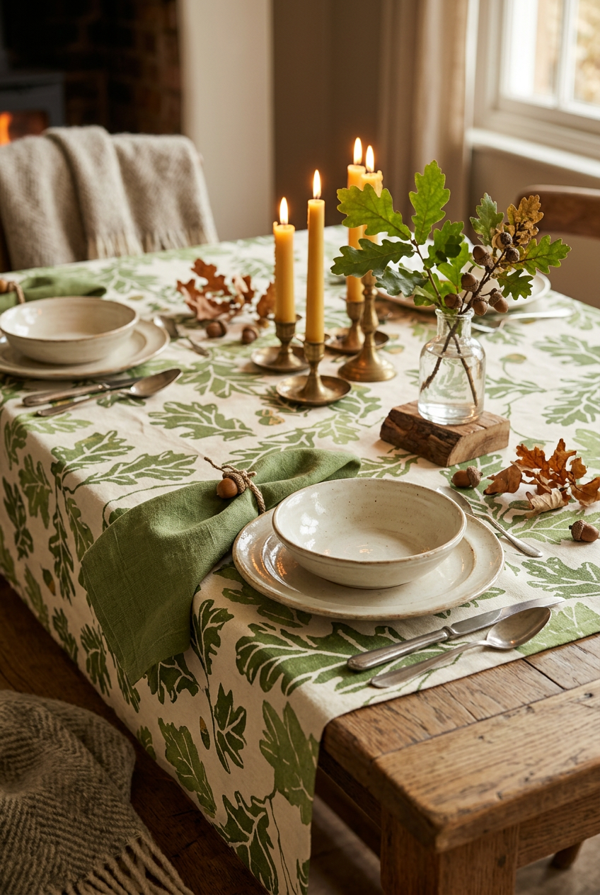 A rectangular fabric tablecloth 
, featuring a green oak leaf and acorn pattern on a warm cream background.