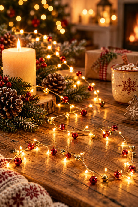 A festive garland with warm white string lights and small red and gold slight bells draped in a curved shape against a plain light gray background.