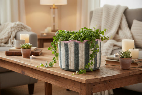 Striped knitted basket with pink top on a white background