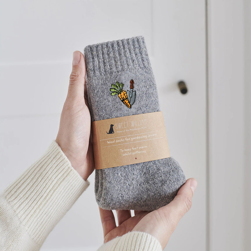 Sweet William Gardening Walking Wool Socks, Carrots & Trowel