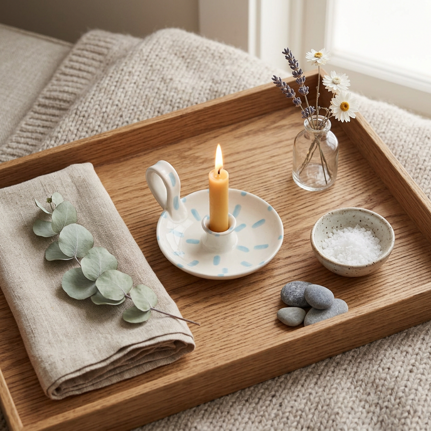 St Eval White Sky Blue Brushmarks candle holder