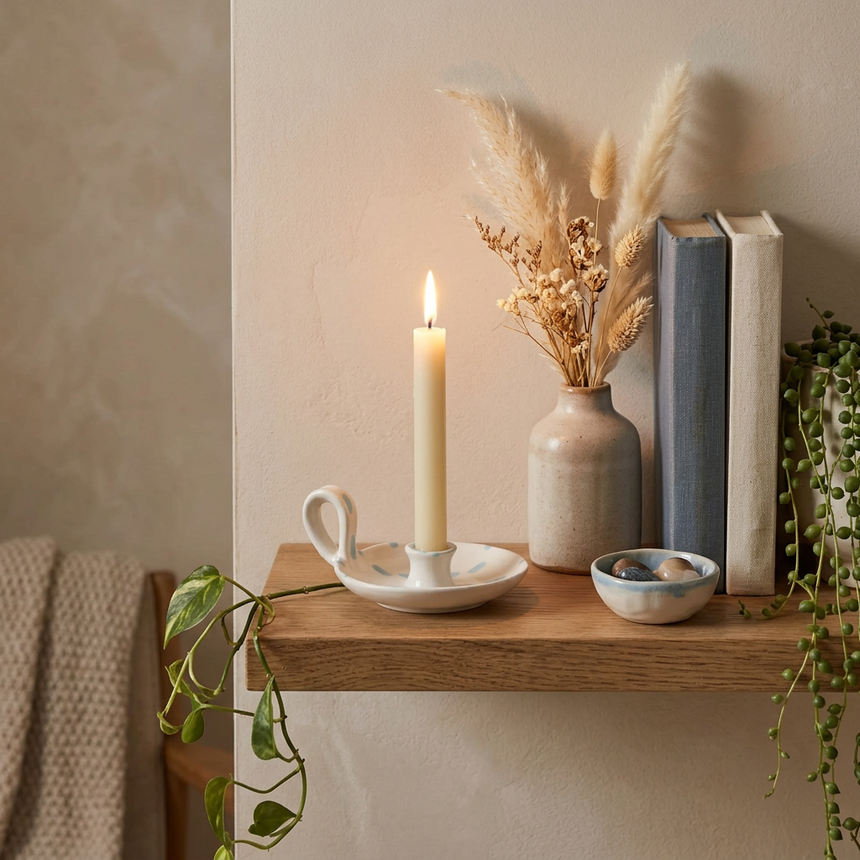 St Eval White Sky Blue Brushmarks candle holder