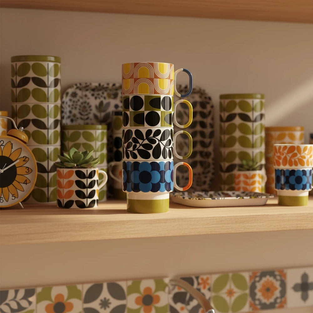 Stack of colorful patterned mugs on a beige background