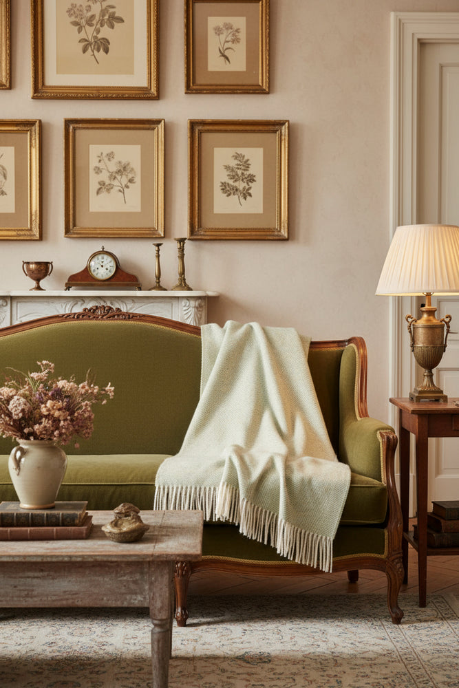 A light sage green Bronte By Moon herringbone Shetland wool throw with tassels on the bottom hem, laid flat and unfolded.