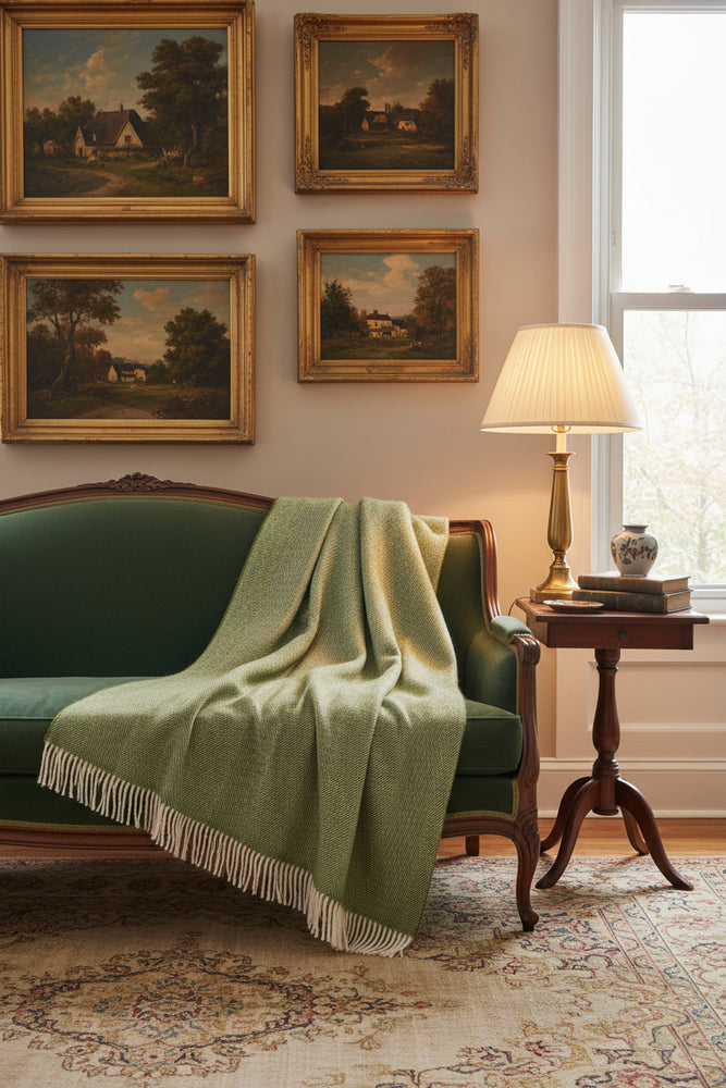 A green herringbone patterned Shetland wool throw with tassels on the ends, laid flat on a white background.