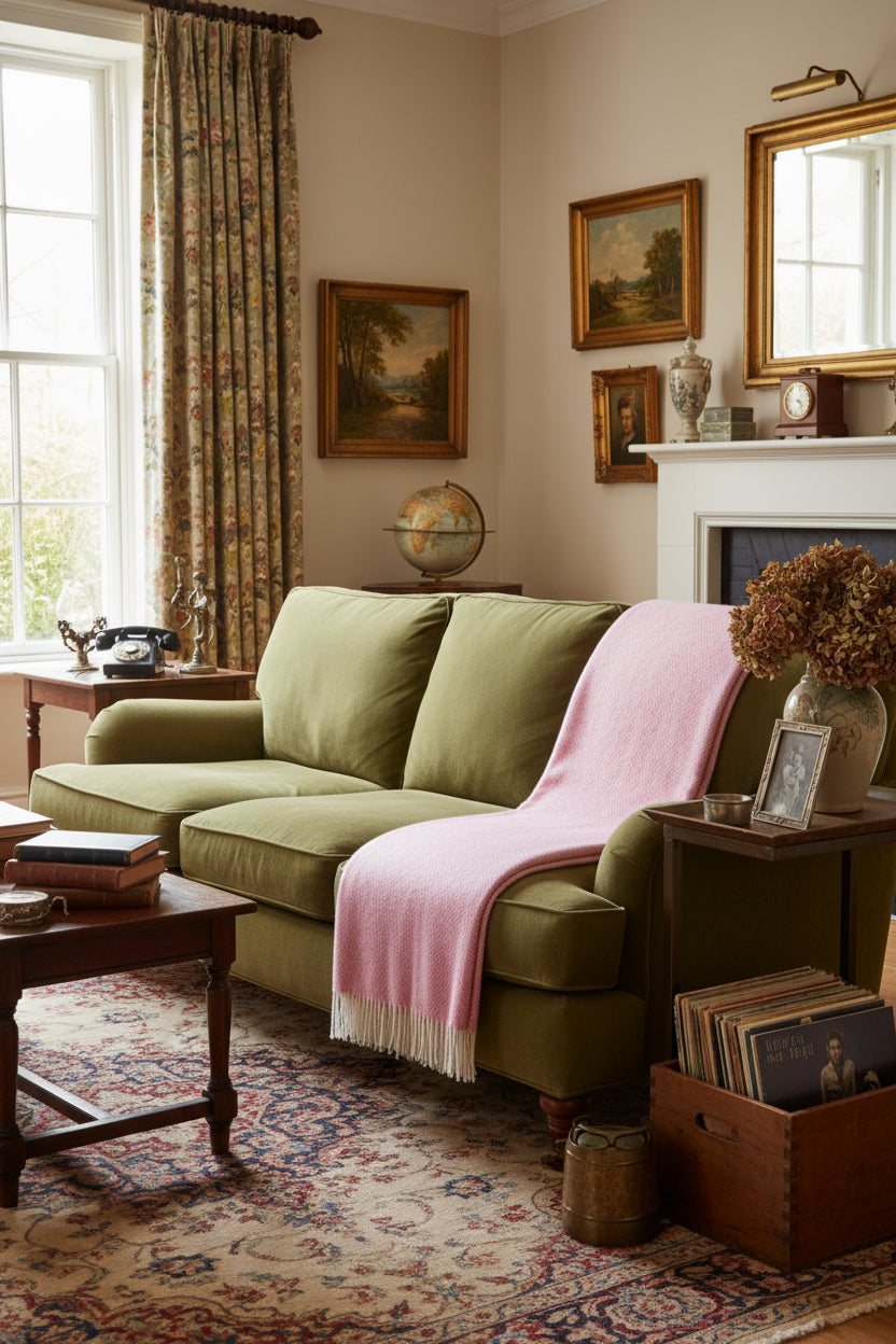 Bronte By Moon Herringbone Shetland Wool Throw, Pale Pink