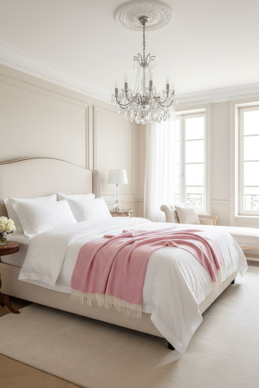 Bronte By Moon Herringbone Shetland Wool Throw, Pale Pink