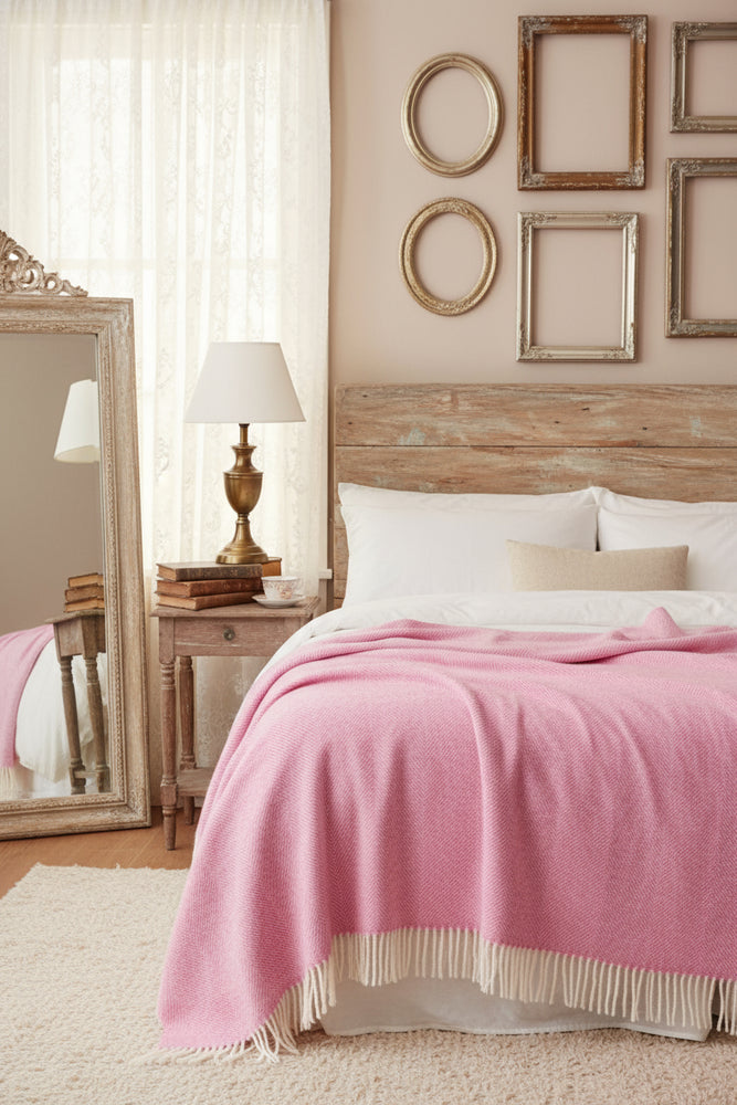 Bronte By Moon Herringbone Shetland Wool Throw, Pale Pink