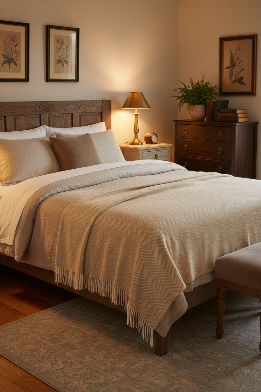 Bronte By Moon Herringbone Merino Wool Throw, Natural