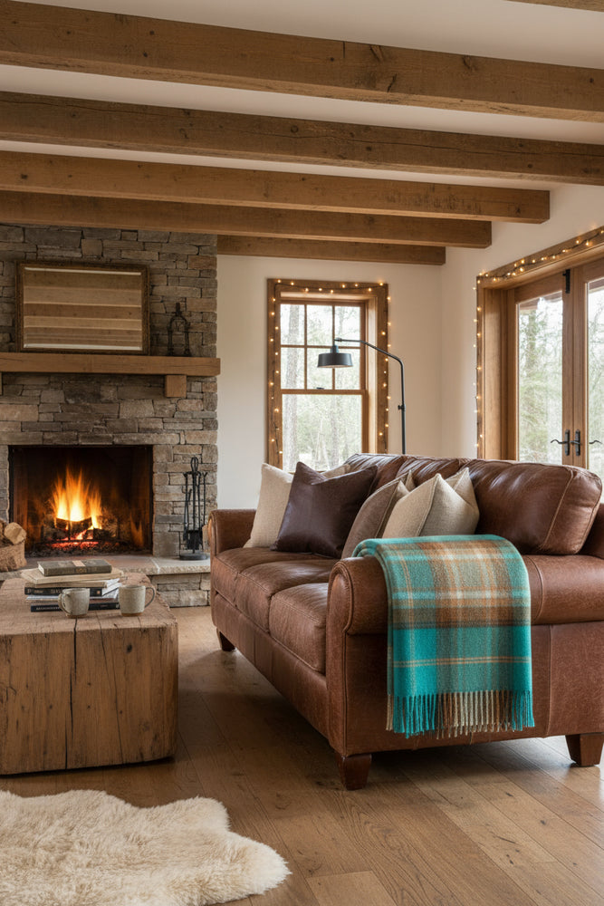 A checkered merino wool throw in jade green and orange rust with tassels on the sides.