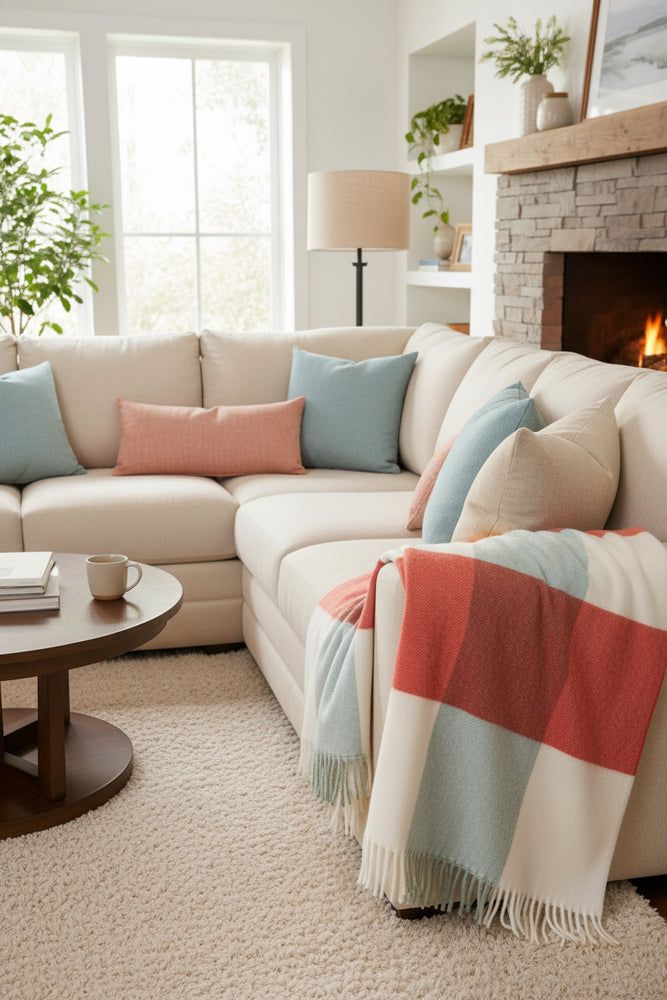 A Bronte By Moon merino wool throw in orange and blue block check pattern with tassels.