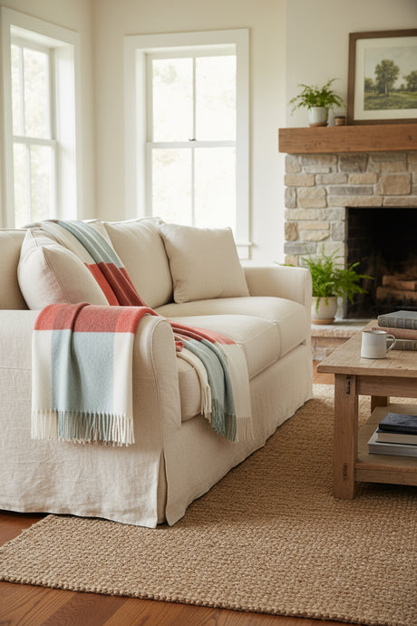 Plaid blanket with red, blue, and white colors on a white background