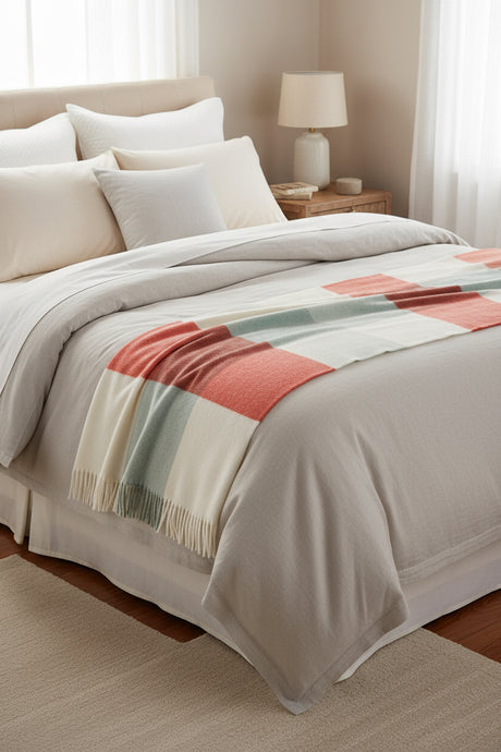 Plaid blanket with red, blue, and white colors on a white background