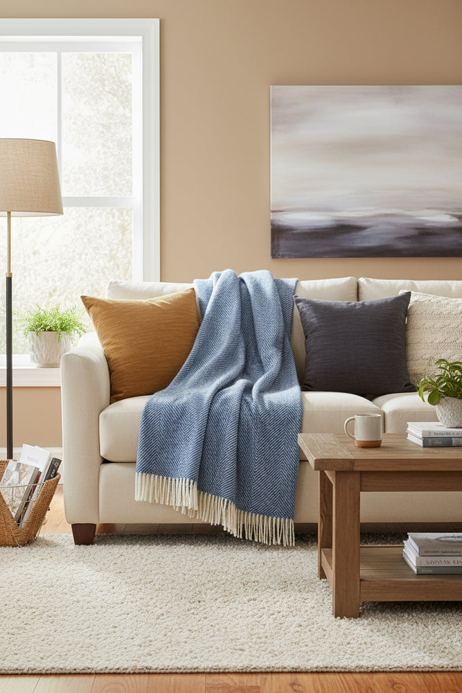 Blue woven blanket with white fringe on a white background