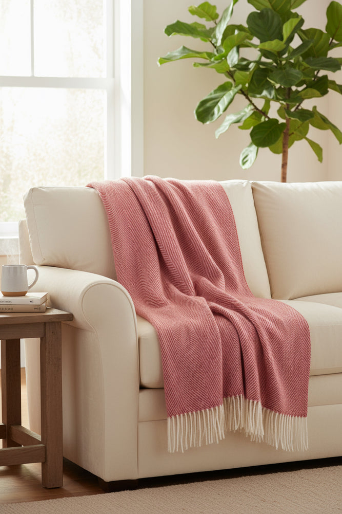 Red woven blanket with white fringe on a white background