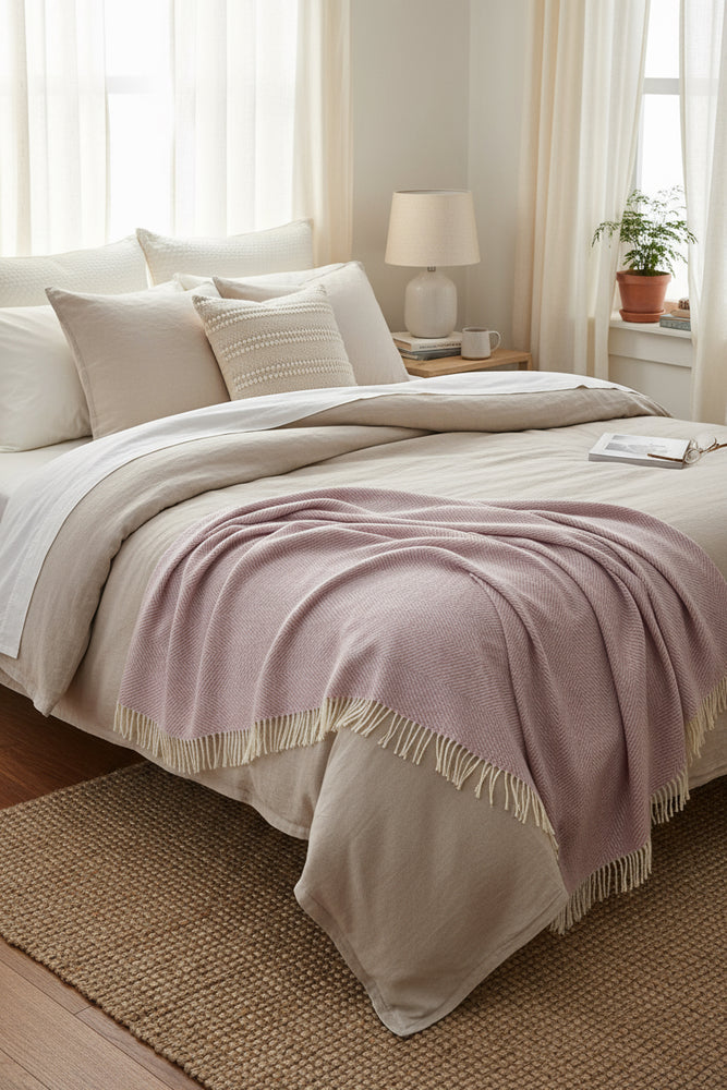 Bronte By Moon Herringbone Pure New Wool Throw, Sugared Almond