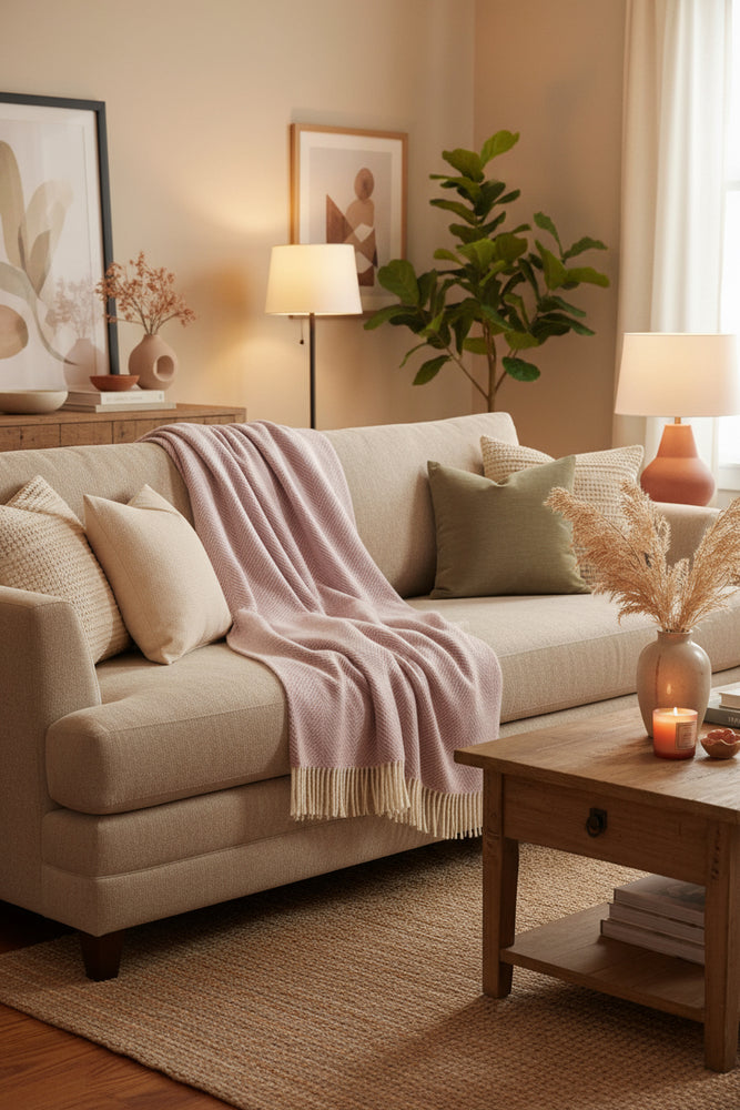 Purple woven blanket with white fringe on a white background
