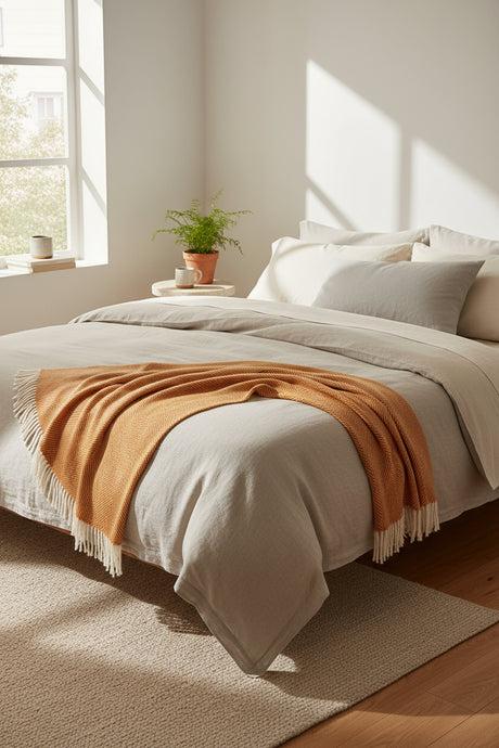Brown woven blanket with white fringe on a white background