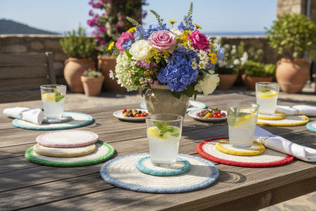 Set of colorful round coasters on a white background