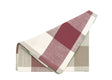 Folded checkered fabric napkin with red, white, and beige pattern on a white background