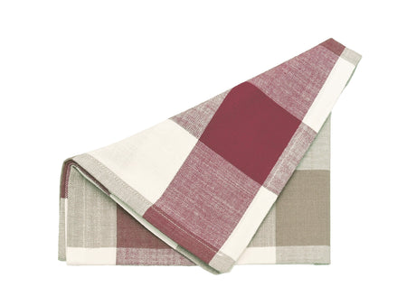 Folded checkered fabric napkin with red, white, and beige pattern on a white background