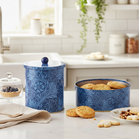 Blue floral-patterned jar with a matching lid on a white background