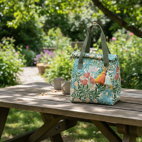 Floral patterned lunch bag with tassels on a white background