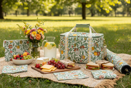 Floral-patterned cooler bag on a white background