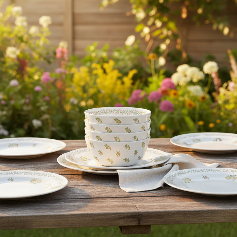 Set of four white ceramic bowls with floral patterns on a white background