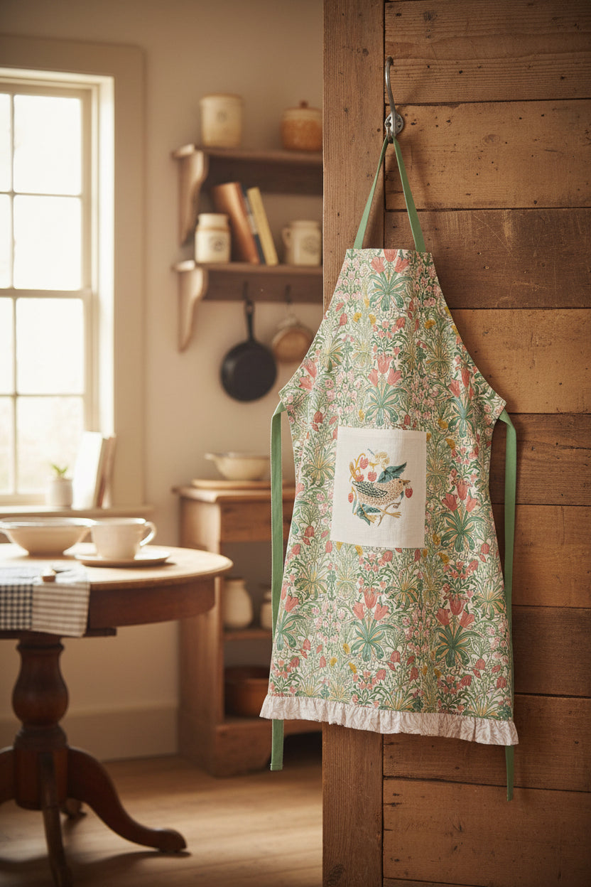 A green apron with a detailed floral and botanical pattern, featuring a central square patch with a bird illustration and a fringed hem, shown against a plain white background.
