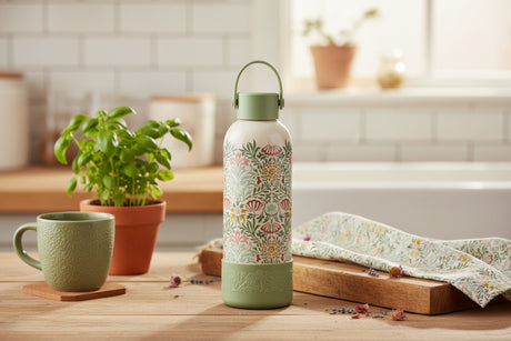 Floral-patterned water bottle with a green lid and base on a white background