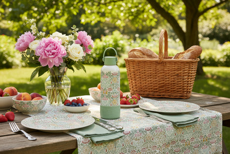 Floral-patterned water bottle with a green lid and base on a white background