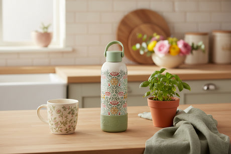 Floral-patterned water bottle with green accents on a white background