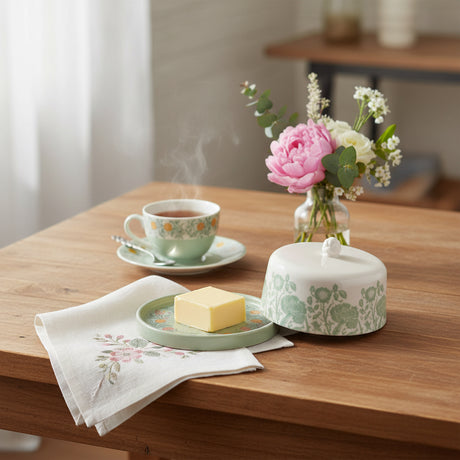 A small ceramic butter dish with a matching lid, featuring a pale pink upper section with a green floral pattern and a muted sage green base with a colorful floral rim.