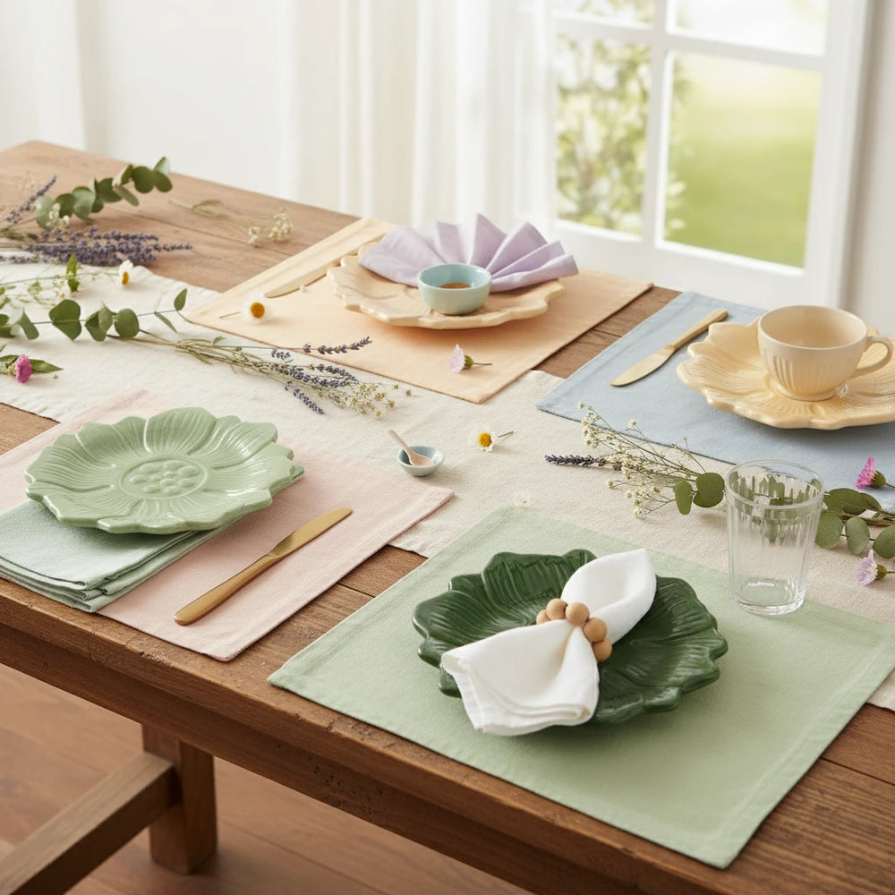 Four floral ceramic plates in green, beige, red, and green on a white background