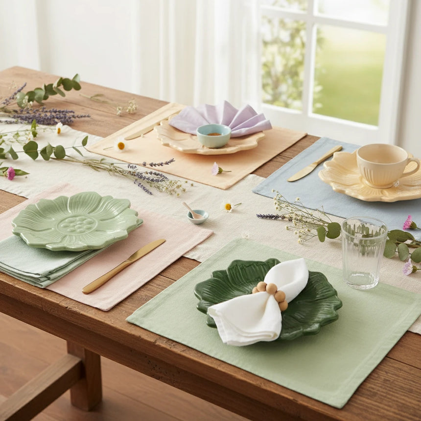 Four floral ceramic plates in green, beige, red, and green on a white background