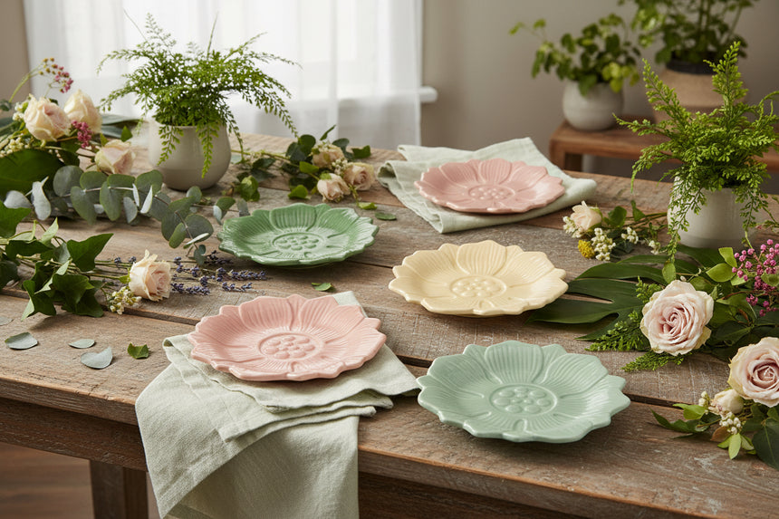 Four small flower-shaped ceramic plates in green, pale yellow, mint green, and dusty pink, arranged on a plain white background.