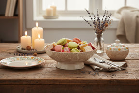 A footed ceramic bowl with a cream-colored exterior featuring a delicate pale floral pattern, a red rim, and a green and orange floral band around the interior.
