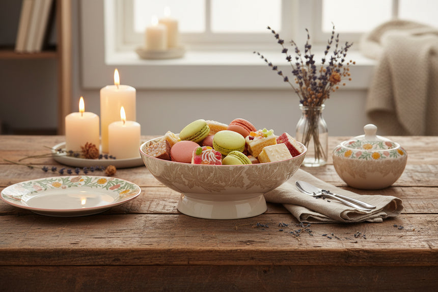A footed ceramic bowl with a cream-colored exterior featuring a delicate pale floral pattern, a red rim, and a green and orange floral band around the interior.