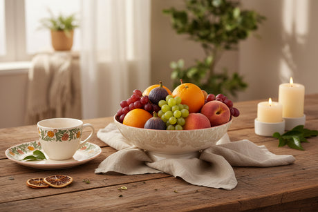 A ceramic pedestal bowl with a cream-colored body, featuring a delicate floral pattern in green, orange, and yellow around the rim, and a subtle damask design on the exterior.