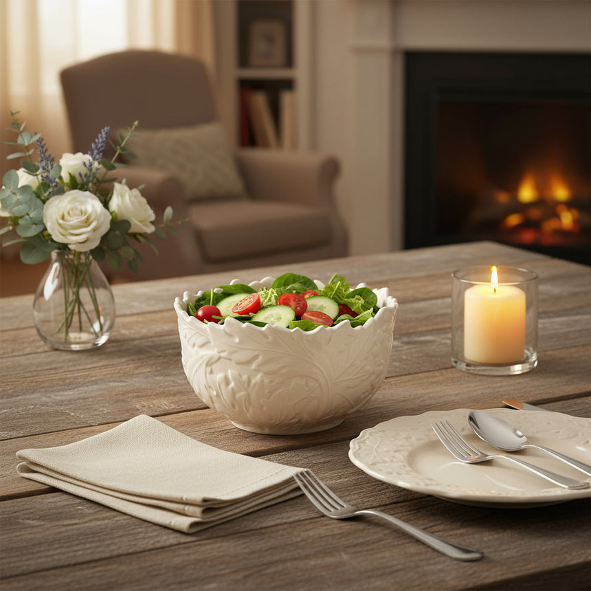 An off-white ceramic bowl with a scalloped rim and embossed floral leaf patterns, shown against a plain white background.
