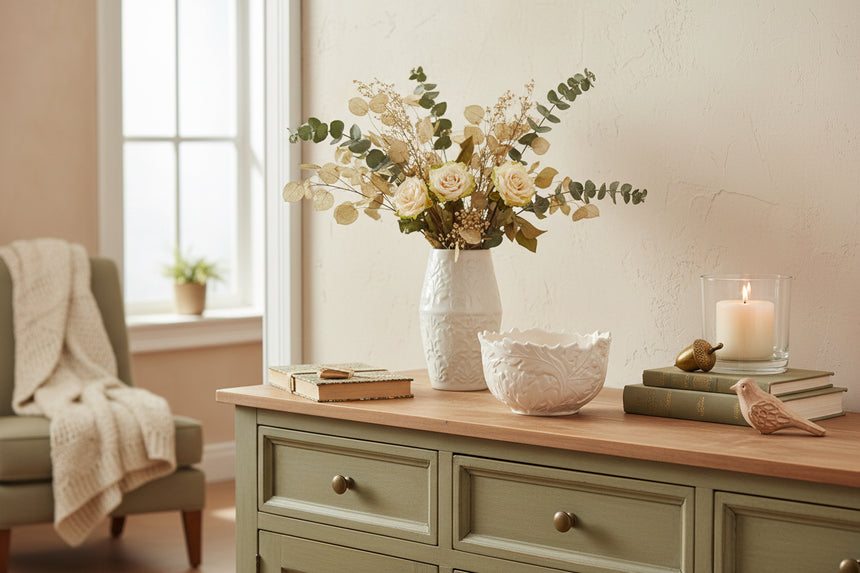 An off-white ceramic bowl with a scalloped rim and embossed floral leaf patterns, shown against a plain white background.