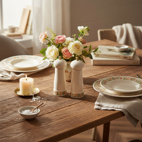 Two cream-colored ceramic pepper and salt mills with gold-toned metal knobs and a delicate floral pattern near the base, set against a plain white background.