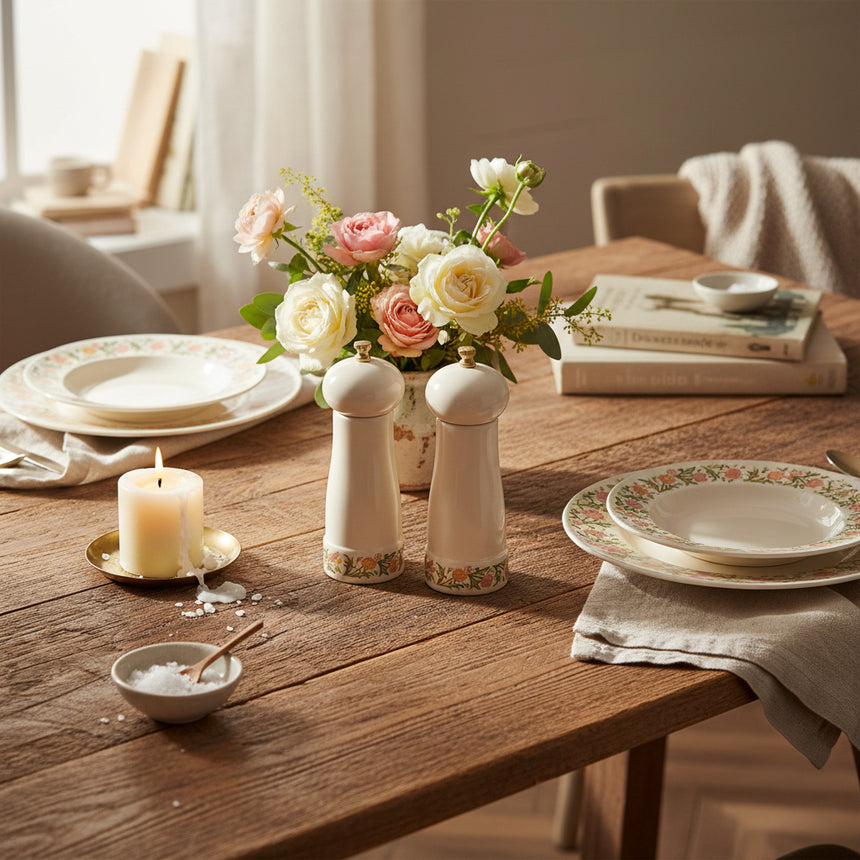 Two cream-colored ceramic pepper and salt mills with gold-toned metal knobs and a delicate floral pattern near the base, set against a plain white background.